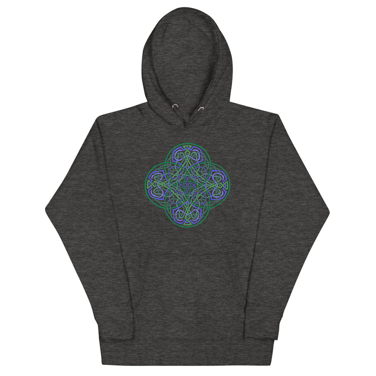 A charcoal heather Xigfireon graphic hoodie featuring the Living Colour Flat iteration of the `Reach Of The Spirit` Celtic knot design. The `Reach Of The Spirit` Celtic knot represents the Earth.