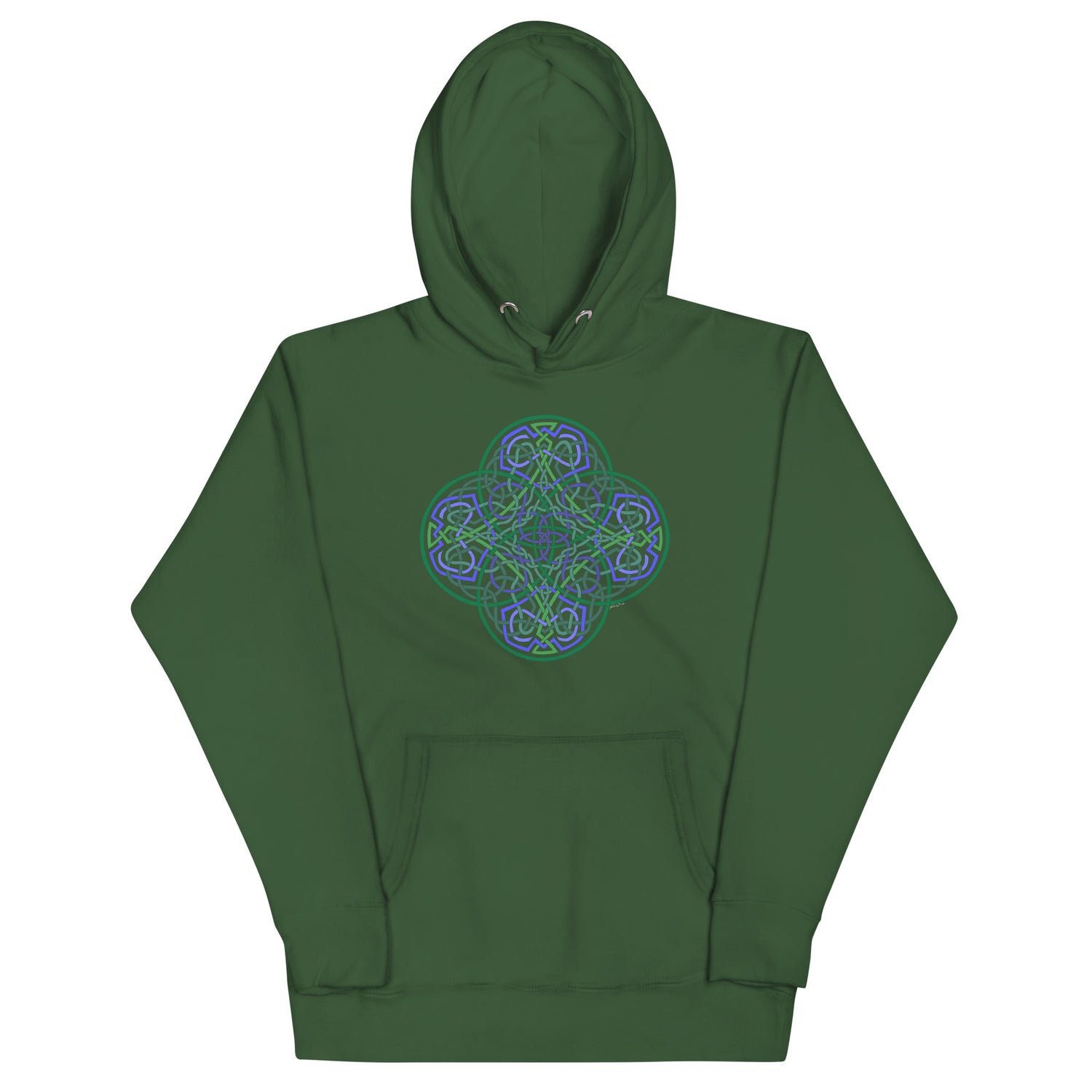 A forest green Xigfireon graphic hoodie featuring the Living Colour Flat iteration of the `Reach Of The Spirit` Celtic knot design. The `Reach Of The Spirit` Celtic knot represents the Earth.