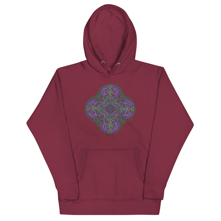 A maroon Xigfireon graphic hoodie featuring the Living Colour Flat iteration of the `Reach Of The Spirit` Celtic knot design. The `Reach Of The Spirit` Celtic knot represents the Earth.