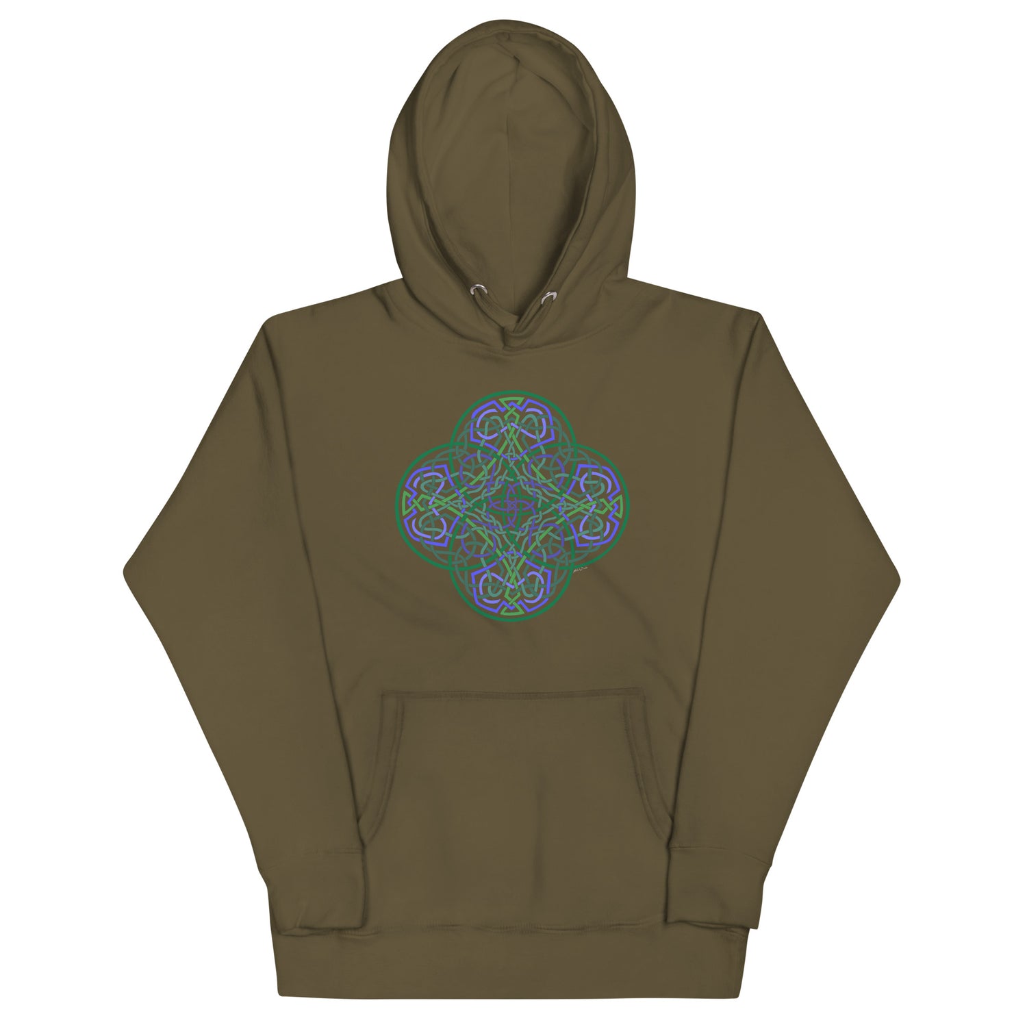 A military green Xigfireon graphic hoodie featuring the Living Colour Flat iteration of the `Reach Of The Spirit` Celtic knot design. The `Reach Of The Spirit` Celtic knot represents the Earth.