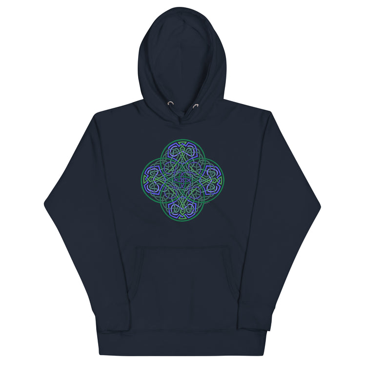 A navy blazer blue Xigfireon graphic hoodie featuring the Living Colour Flat iteration of the `Reach Of The Spirit` Celtic knot design. The `Reach Of The Spirit` Celtic knot represents the Earth.