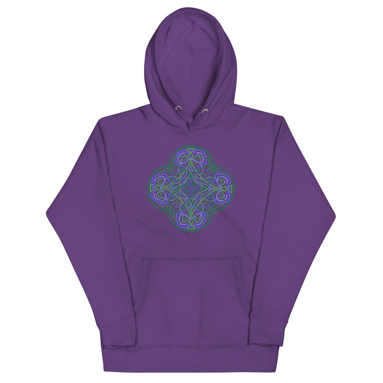 A purple Xigfireon graphic hoodie featuring the Living Colour Flat iteration of the `Reach Of The Spirit` Celtic knot design. The `Reach Of The Spirit` Celtic knot represents the Earth.