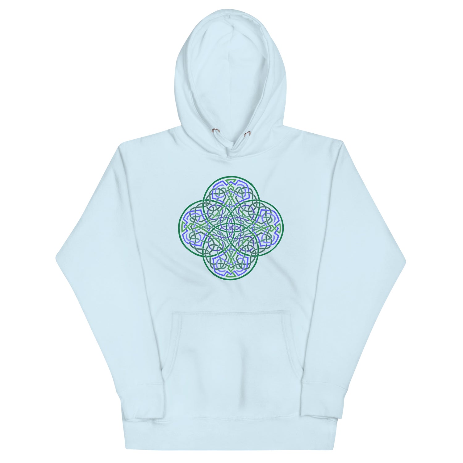 A sky blue Xigfireon graphic hoodie featuring the Living Colour Flat iteration of the `Reach Of The Spirit` Celtic knot design. The `Reach Of The Spirit` Celtic knot represents the Earth.