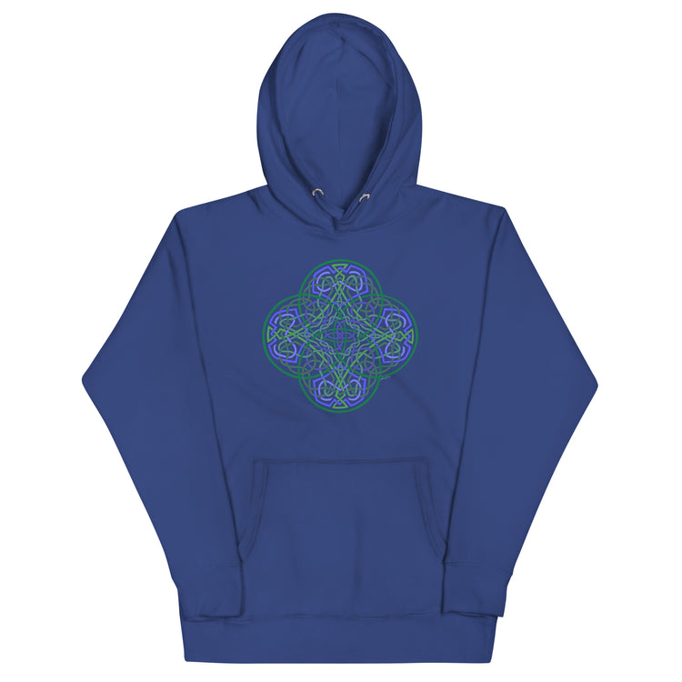 A team royal blue Xigfireon graphic hoodie featuring the Living Colour Flat iteration of the `Reach Of The Spirit` Celtic knot design. The `Reach Of The Spirit` Celtic knot represents the Earth.