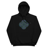 A black Xigfireon graphic eco-friendly hoodie featuring the Living Colour iteration of the `Reach Of The Spirit` Celtic knot design. The `Reach Of The Spirit` Celtic knot symbolizes the Earth.