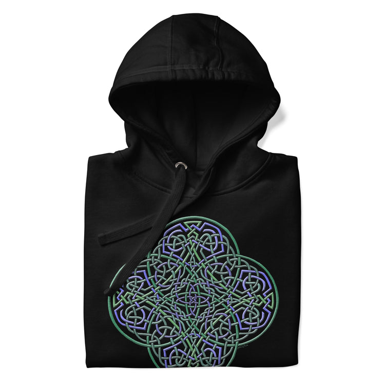 A folded black Xigfireon graphic hoodie featuring the Living Colour iteration of the `Reach Of The Spirit` Celtic knot design. The `Reach Of The Spirit` Celtic knot symbolizes Mother Earth.