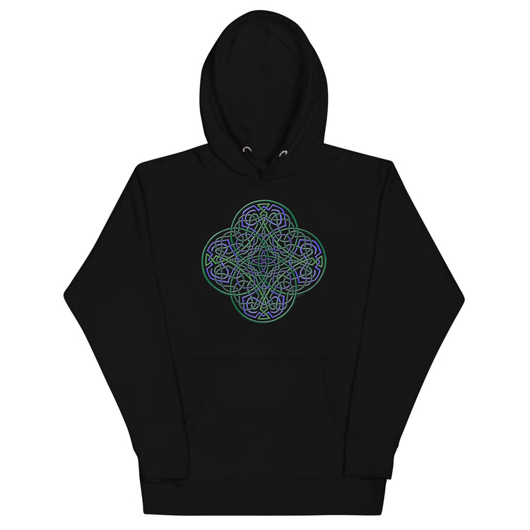 A black Xigfireon graphic hoodie featuring the Living Colour iteration of the `Reach Of The Spirit` Celtic knot design. The `Reach Of The Spirit` Celtic knot symbolizes Mother Earth.
