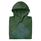 A folded forest green Xigfireon graphic hoodie featuring the Living Colour iteration of the `Reach Of The Spirit` Celtic knot design. The `Reach Of The Spirit` Celtic knot symbolizes our wonderful Mother Earth.