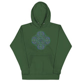 A forest green Xigfireon graphic hoodie featuring the Living Colour iteration of the `Reach Of The Spirit` Celtic knot design. The `Reach Of The Spirit` Celtic knot symbolizes our wonderful Mother Earth.