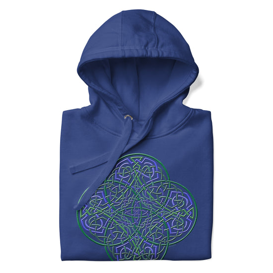 A folded team royal blue Xigfireon graphic hoodie featuring the Living Colour iteration of the `Reach Of The Spirit` Celtic knot design. The `Reach Of The Spirit` Celtic knot symbolizes our wonderful Mother Earth.