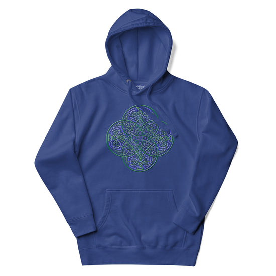 A team royal blue Xigfireon graphic hoodie featuring the Living Colour iteration of the `Reach Of The Spirit` Celtic knot design. The `Reach Of The Spirit` Celtic knot symbolizes our wonderful Mother Earth.