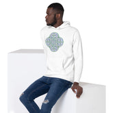 A young man wearing a white Xigfireon graphic hoodie featuring the Living Colour iteration of the `Reach Of The Spirit` Celtic knot design. The `Reach Of The Spirit` Celtic knot symbolizes our wonderful Mother Earth.