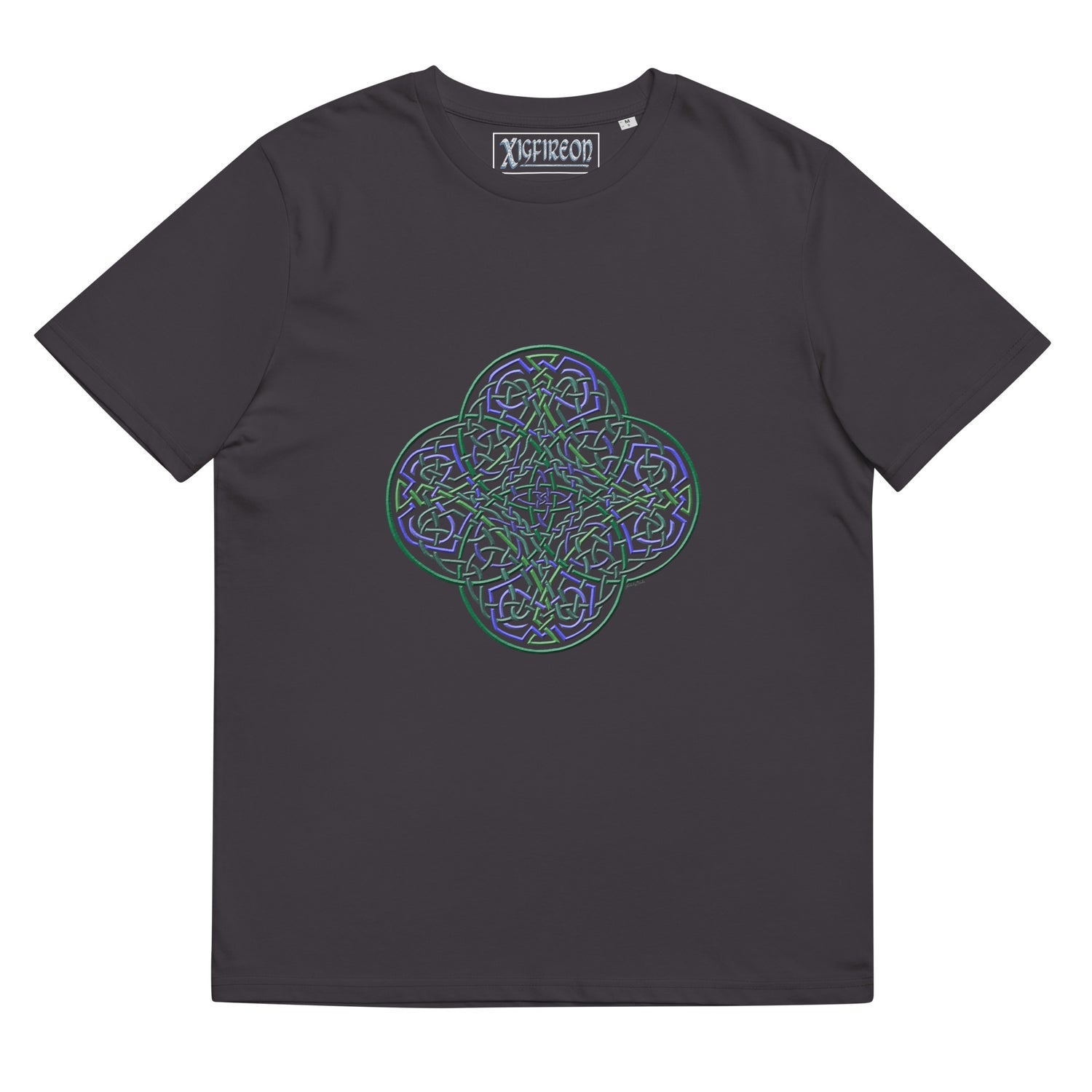 An anthracite Xigfireon graphic organic cotton t-shirt featuring the Living Colour iteration of the `Reach Of The Spirit` Celtic knot design. The `Reach Of The Spirit` Celtic knot represents our amazing Mother Earth.