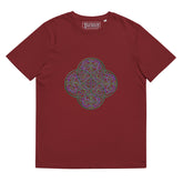 A burgundy Xigfireon graphic organic cotton t-shirt featuring the Living Colour iteration of the `Reach Of The Spirit` Celtic knot design. The `Reach Of The Spirit` Celtic knot represents our amazing Mother Earth.