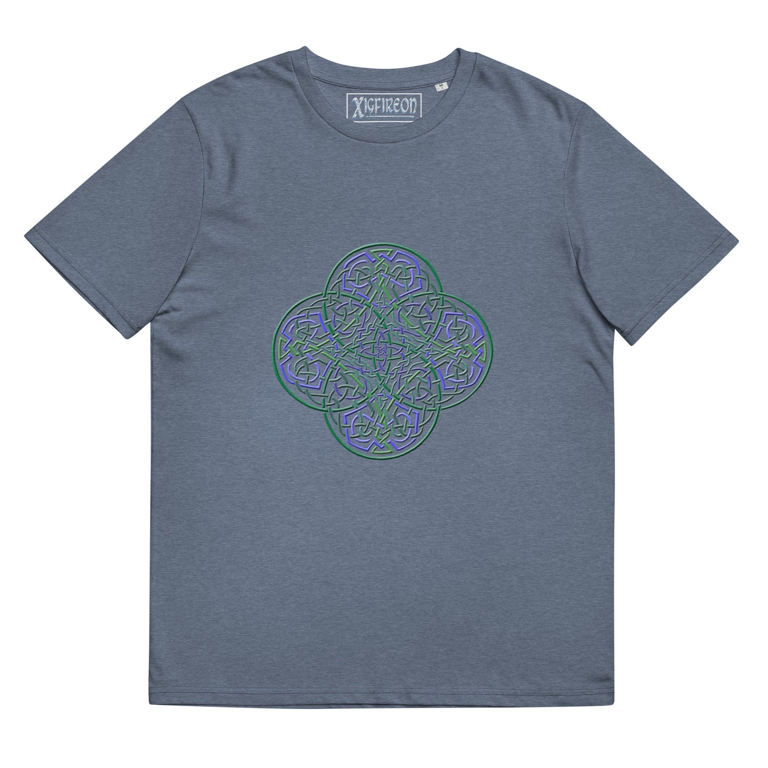 A dark heather blue Xigfireon graphic organic cotton t-shirt featuring the Living Colour iteration of the `Reach Of The Spirit` Celtic knot design. The `Reach Of The Spirit` Celtic knot represents our amazing Mother Earth.