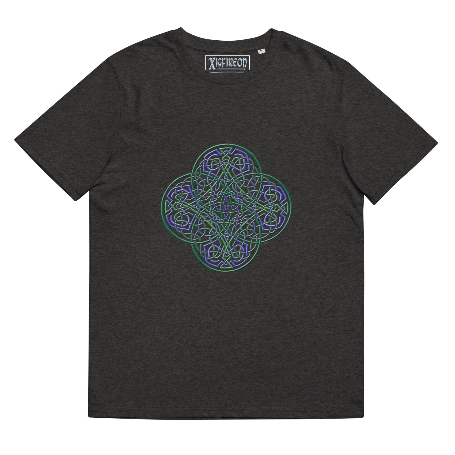 A dark heather grey Xigfireon graphic organic cotton t-shirt featuring the Living Colour iteration of the `Reach Of The Spirit` Celtic knot design. The `Reach Of The Spirit` Celtic knot represents our amazing Mother Earth.