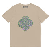 A desert dust Xigfireon graphic organic cotton t-shirt featuring the Living Colour iteration of the `Reach Of The Spirit` Celtic knot design. The `Reach Of The Spirit` Celtic knot represents our amazing Mother Earth.