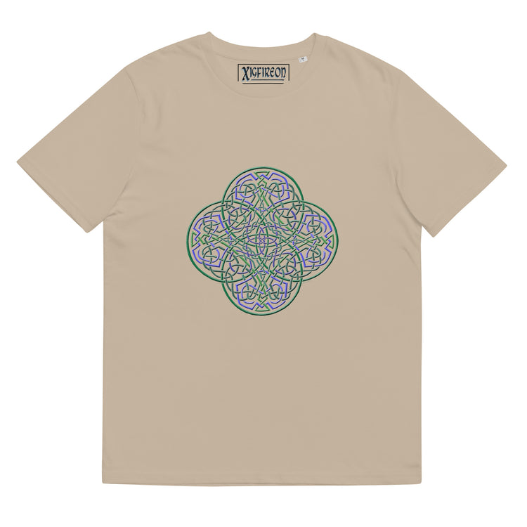 A desert dust Xigfireon graphic organic cotton t-shirt featuring the Living Colour iteration of the `Reach Of The Spirit` Celtic knot design. The `Reach Of The Spirit` Celtic knot represents our amazing Mother Earth.