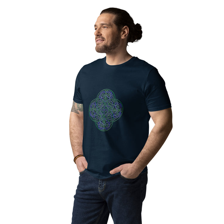 A young man wearing a French navy blue Xigfireon graphic organic cotton t-shirt featuring the Living Colour iteration of the `Reach Of The Spirit` Celtic knot design. The `Reach Of The Spirit` Celtic knot represents our amazing Mother Earth.