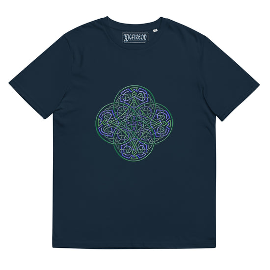 A French navy blue Xigfireon graphic organic cotton t-shirt featuring the Living Colour iteration of the `Reach Of The Spirit` Celtic knot design. The `Reach Of The Spirit` Celtic knot represents our amazing Mother Earth.