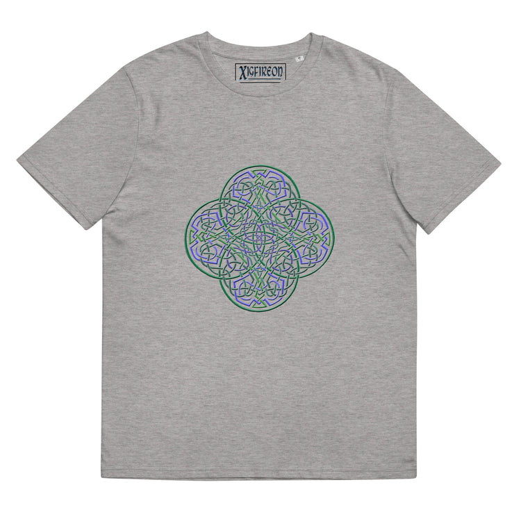 A heather grey Xigfireon graphic organic cotton t-shirt featuring the Living Colour iteration of the `Reach Of The Spirit` Celtic knot design. The `Reach Of The Spirit` Celtic knot represents our amazing Mother Earth.