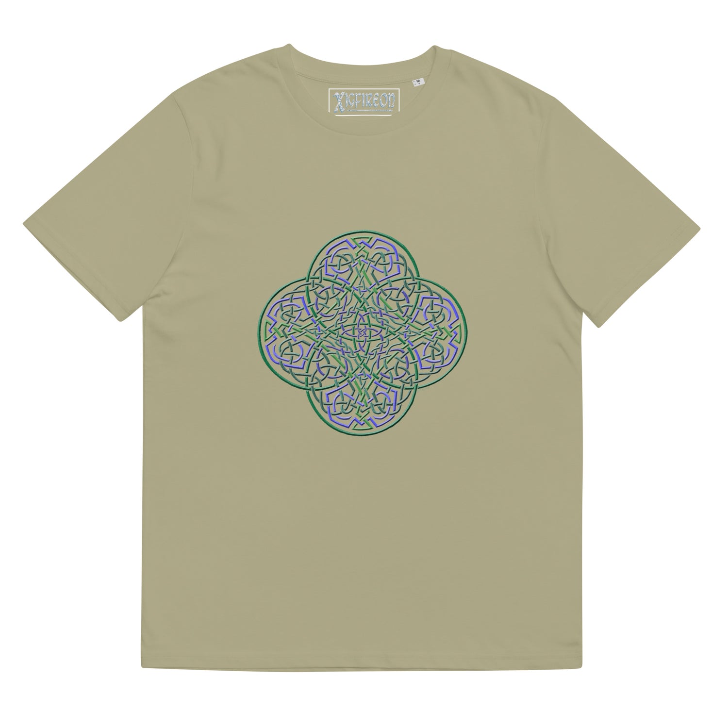 A sage Xigfireon graphic organic cotton t-shirt featuring the Living Colour iteration of the `Reach Of The Spirit` Celtic knot design. The `Reach Of The Spirit` Celtic knot represents our amazing Mother Earth.