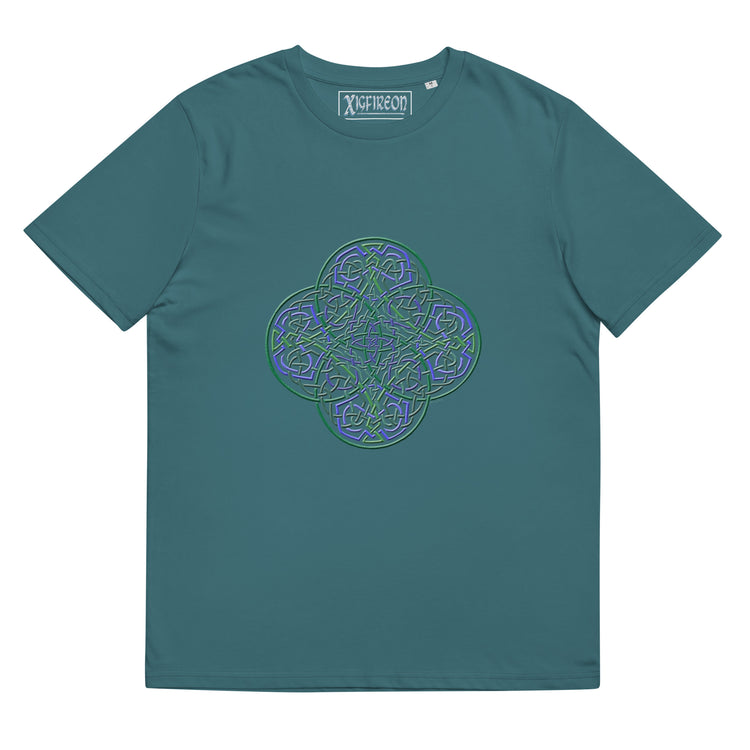 A stargazer Xigfireon graphic organic cotton t-shirt featuring the Living Colour iteration of the `Reach Of The Spirit` Celtic knot design. The `Reach Of The Spirit` Celtic knot represents our amazing Mother Earth.