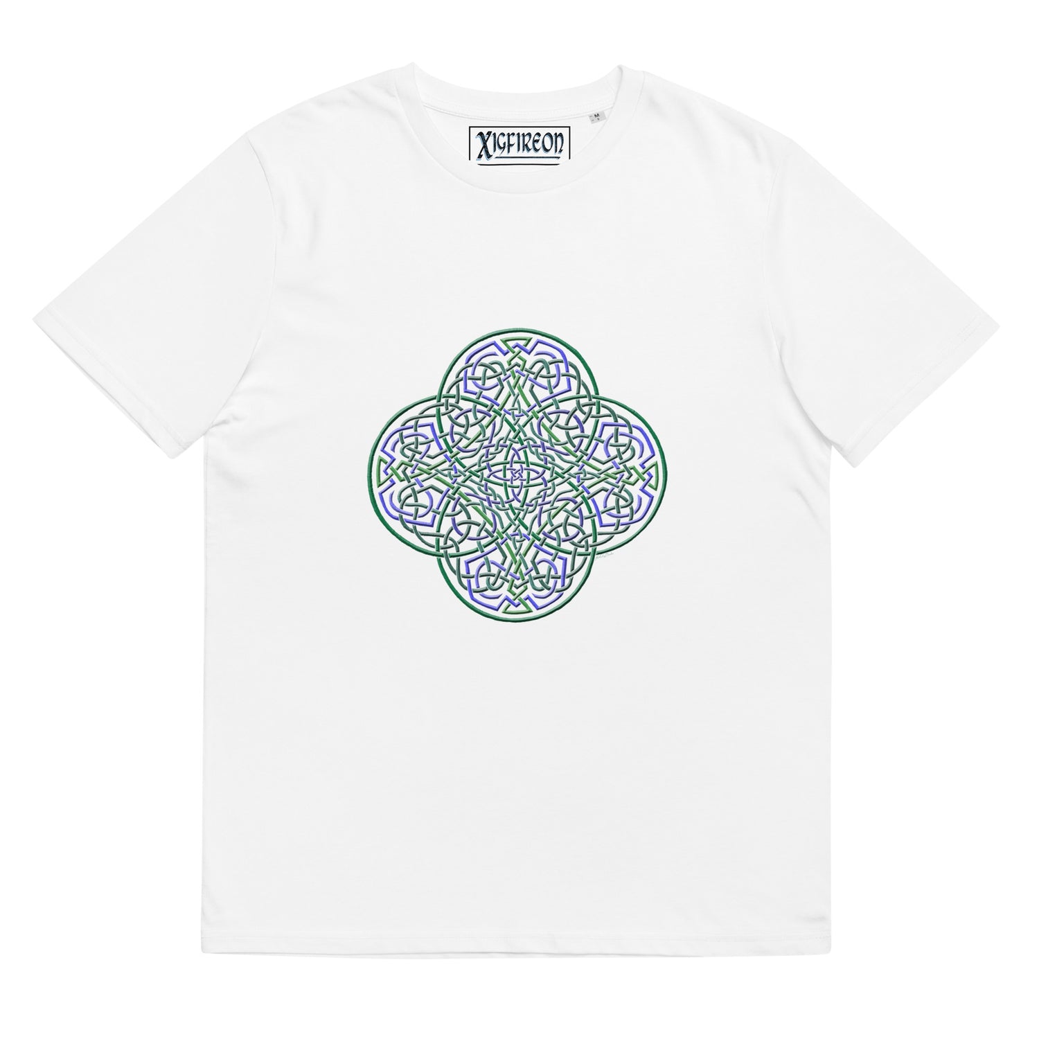 A white Xigfireon graphic organic cotton t-shirt featuring the Living Colour iteration of the `Reach Of The Spirit` Celtic knot design. The `Reach Of The Spirit` Celtic knot represents our amazing Mother Earth.