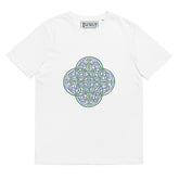 A white Xigfireon graphic organic cotton t-shirt featuring the Living Colour iteration of the `Reach Of The Spirit` Celtic knot design. The `Reach Of The Spirit` Celtic knot represents our amazing Mother Earth.