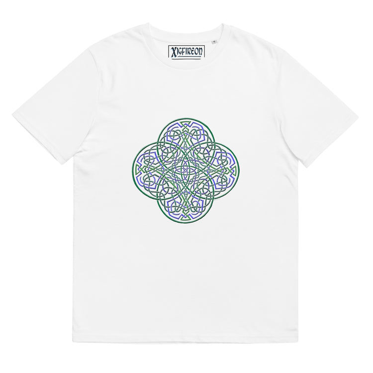 A white Xigfireon graphic organic cotton t-shirt featuring the Living Colour iteration of the `Reach Of The Spirit` Celtic knot design. The `Reach Of The Spirit` Celtic knot represents our amazing Mother Earth.