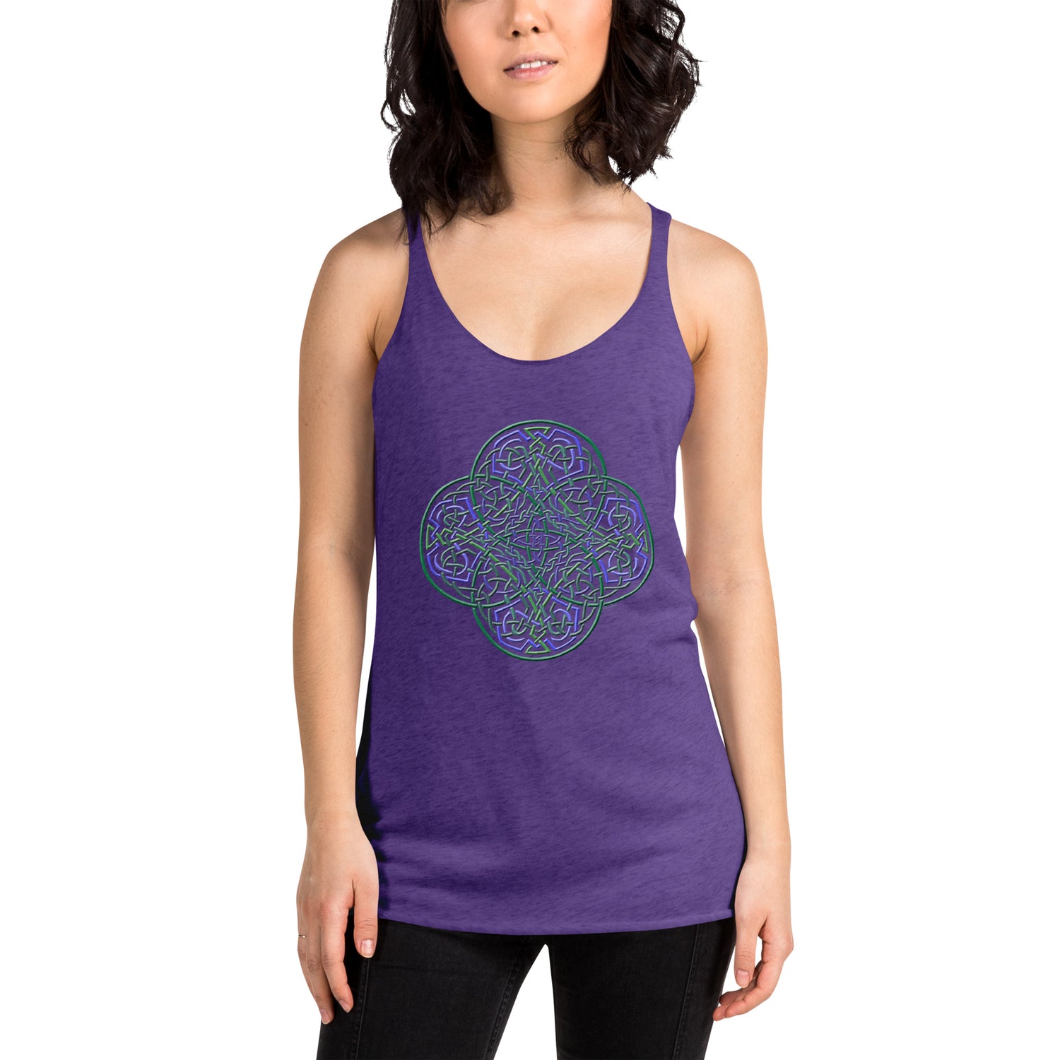 A young woman, viewed from the front, wearing a purple rush Xigfireon graphic women&