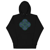 A black Xigfireon graphic hoodie featuring the Living Colour Flat iteration of the `Reach Of The Spirit` Celtic knot design. The `Reach Of The Spirit` Celtic knot represents the Earth.