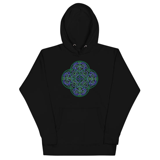 A black Xigfireon graphic hoodie featuring the Living Colour Flat iteration of the `Reach Of The Spirit` Celtic knot design. The `Reach Of The Spirit` Celtic knot represents the Earth.