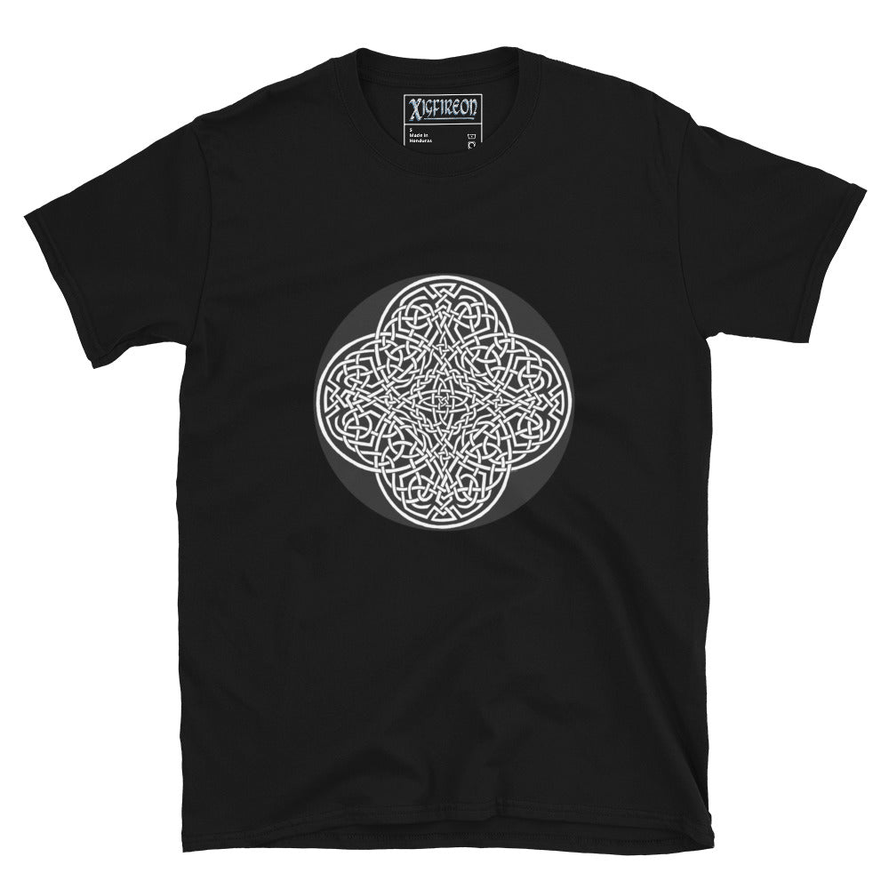 A black Xigfireon graphic t-shirt featuring the Black & White Circle iteration of the `Reach Of The Spirit` Celtic knot design. The `Reach Of The Spirit` Celtic knot represents Mother Earth.