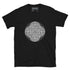 A black Xigfireon graphic t-shirt featuring the Black & White Circle iteration of the `Reach Of The Spirit` Celtic knot design. The `Reach Of The Spirit` Celtic knot represents Mother Earth.