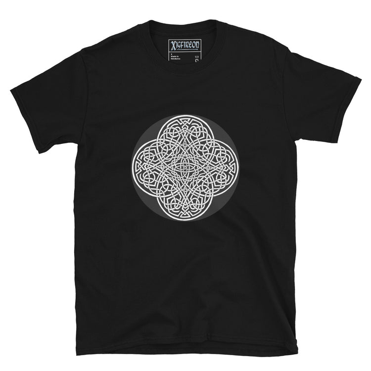 A black Xigfireon graphic t-shirt featuring the Black & White Circle iteration of the `Reach Of The Spirit` Celtic knot design. The `Reach Of The Spirit` Celtic knot represents Mother Earth.