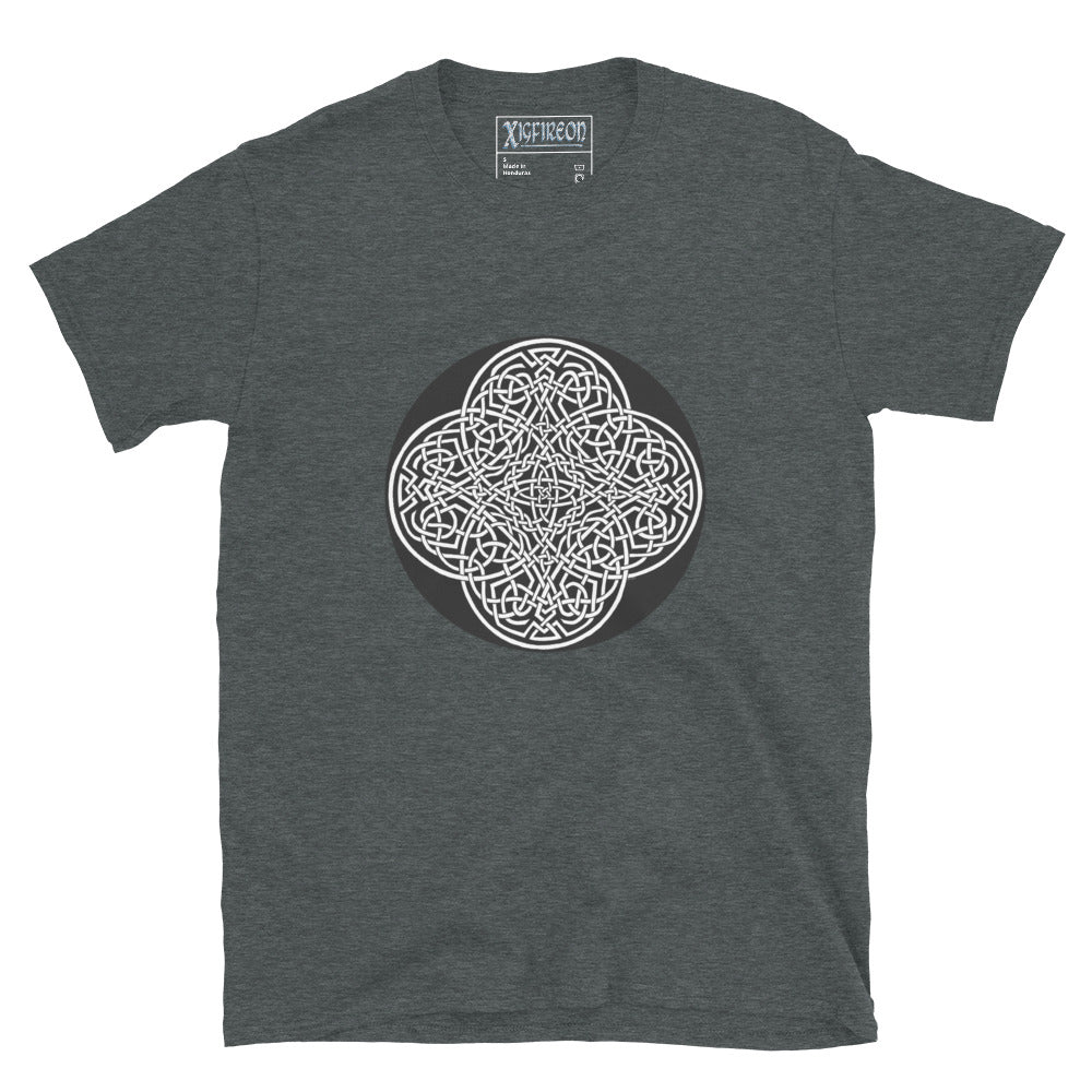 A dark heather Xigfireon graphic t-shirt featuring the Black & White Circle iteration of the `Reach Of The Spirit` Celtic knot design. The `Reach Of The Spirit` Celtic knot represents Mother Earth.