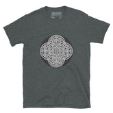 A dark heather Xigfireon graphic t-shirt featuring the Black & White Circle iteration of the `Reach Of The Spirit` Celtic knot design. The `Reach Of The Spirit` Celtic knot represents Mother Earth.