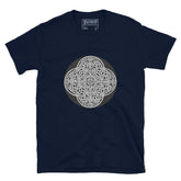 A navy blue Xigfireon graphic t-shirt featuring the Black & White Circle iteration of the `Reach Of The Spirit` Celtic knot design. The `Reach Of The Spirit` Celtic knot represents Mother Earth.