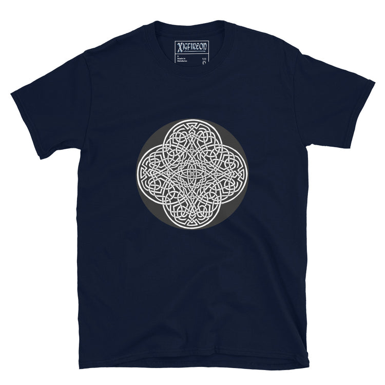 A navy blue Xigfireon graphic t-shirt featuring the Black & White Circle iteration of the `Reach Of The Spirit` Celtic knot design. The `Reach Of The Spirit` Celtic knot represents Mother Earth.