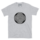 A sport grey Xigfireon graphic t-shirt featuring the Black & White Circle iteration of the `Reach Of The Spirit` Celtic knot design. The `Reach Of The Spirit` Celtic knot represents Mother Earth.