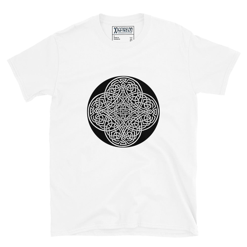 A white Xigfireon graphic t-shirt featuring the Black & White Circle iteration of the `Reach Of The Spirit` Celtic knot design. The `Reach Of The Spirit` Celtic knot represents Mother Earth.