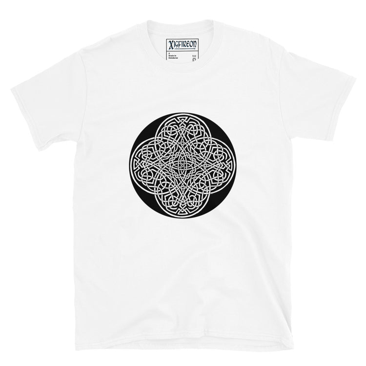 A white Xigfireon graphic t-shirt featuring the Black & White Circle iteration of the `Reach Of The Spirit` Celtic knot design. The `Reach Of The Spirit` Celtic knot represents Mother Earth.