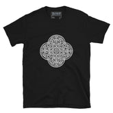 A black Xigfireon graphic t-shirt featuring the Black & White Hollow iteration of the `Reach Of The Spirit` Celtic knot design. The `Reach Of The Spirit` Celtic knot is an Earth symbol.