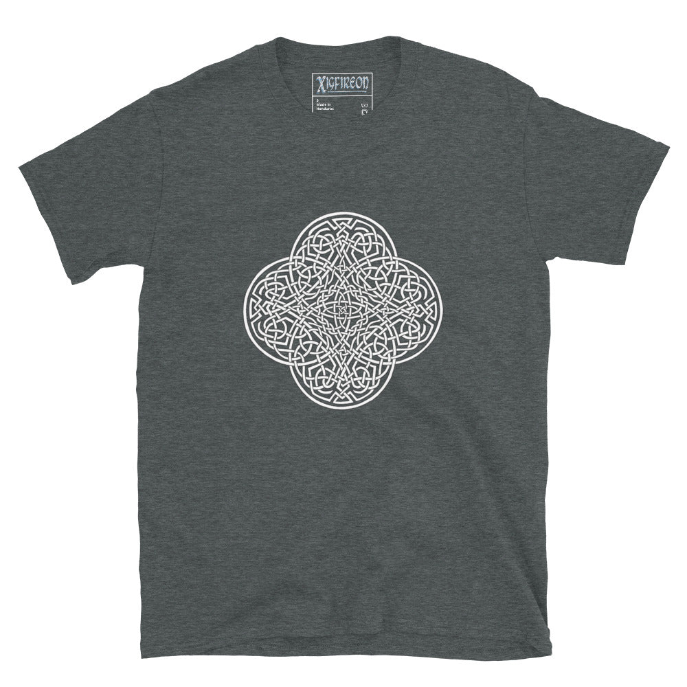 A dark heather Xigfireon graphic t-shirt featuring the Black & White Hollow iteration of the `Reach Of The Spirit` Celtic knot design. The `Reach Of The Spirit` Celtic knot is an Earth symbol.