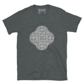 A dark heather Xigfireon graphic t-shirt featuring the Black & White Hollow iteration of the `Reach Of The Spirit` Celtic knot design. The `Reach Of The Spirit` Celtic knot is an Earth symbol.