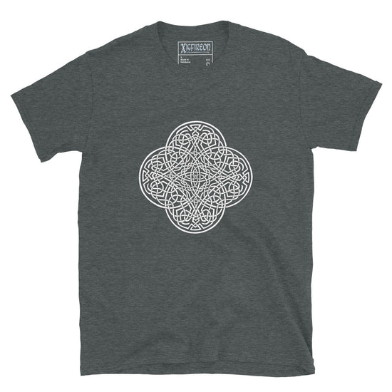 A dark heather Xigfireon graphic t-shirt featuring the Black & White Hollow iteration of the `Reach Of The Spirit` Celtic knot design. The `Reach Of The Spirit` Celtic knot is an Earth symbol.