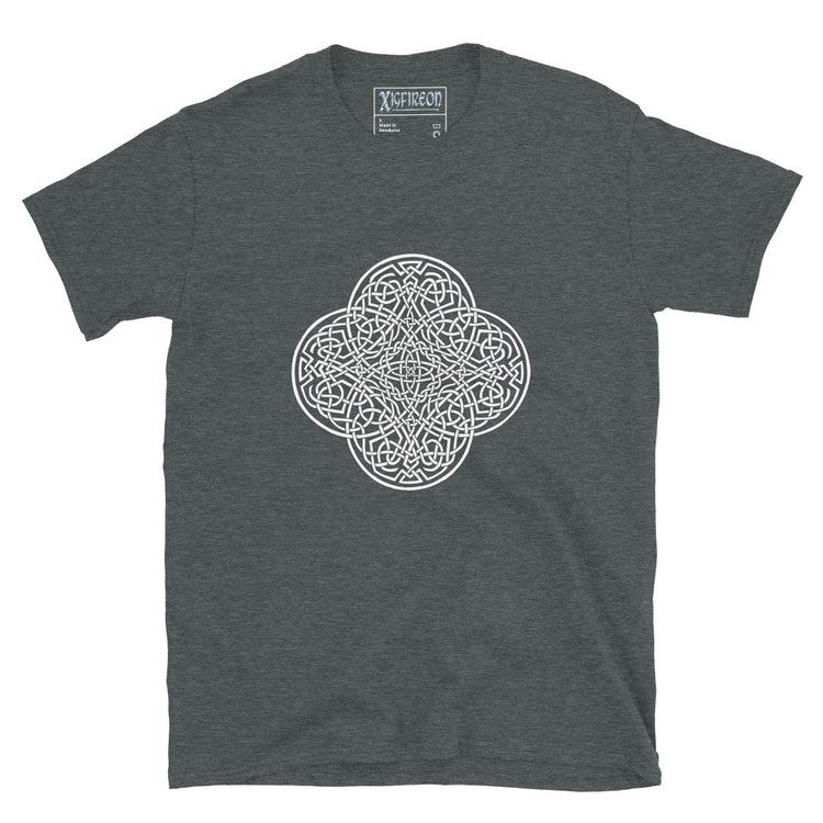 A dark heather Xigfireon graphic t-shirt featuring the Black & White Hollow iteration of the `Reach Of The Spirit` Celtic knot design. The `Reach Of The Spirit` Celtic knot is an Earth symbol.