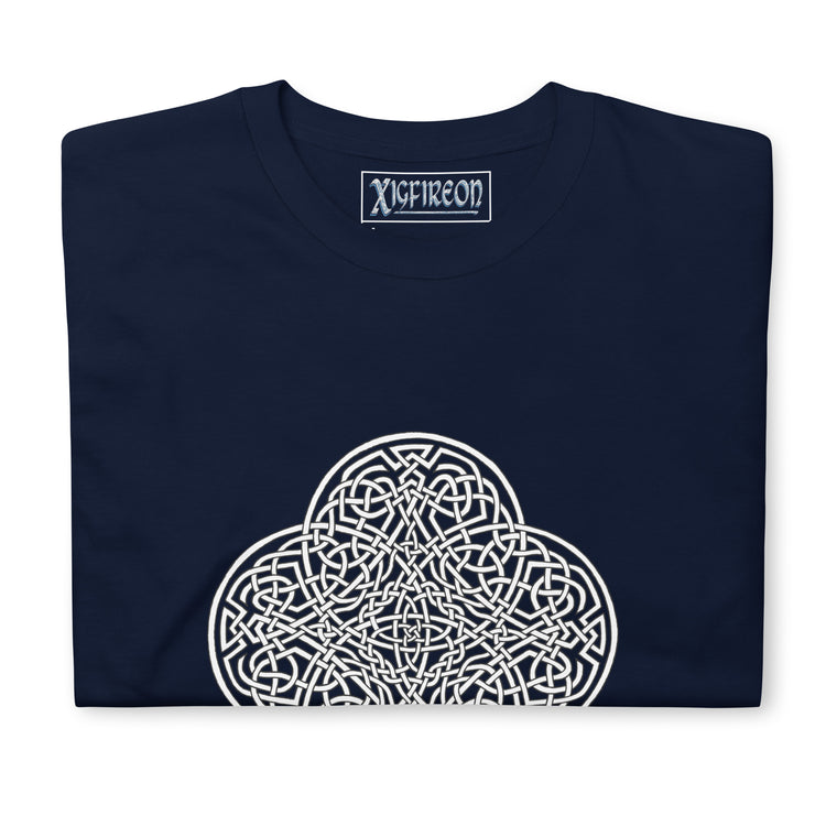 A folded navy blue Xigfireon graphic t-shirt featuring the Black & White Hollow iteration of the `Reach Of The Spirit` Celtic knot design. The `Reach Of The Spirit` Celtic knot is an Earth symbol.