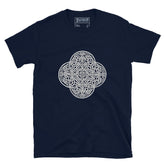 A navy blue Xigfireon graphic t-shirt featuring the Black & White Hollow iteration of the `Reach Of The Spirit` Celtic knot design. The `Reach Of The Spirit` Celtic knot is an Earth symbol.